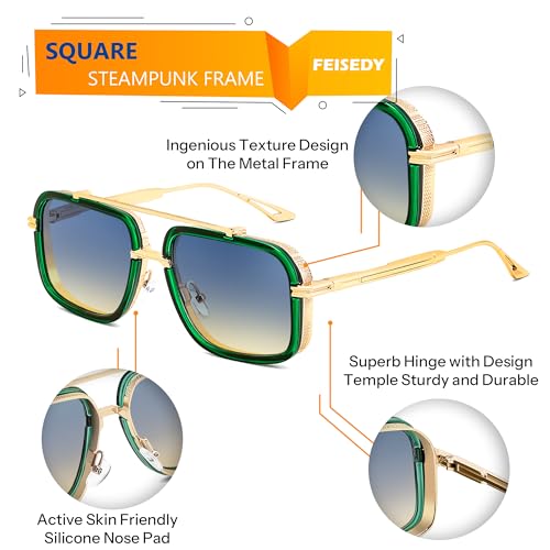 FEISEDY Mens Women Sunglasses Vintage Pilot Square Trendy Metal Fishing Driving Sun Glasses B4189 — view 4
