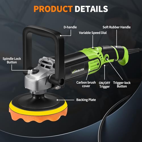 WorkBless Buffer Polisher, 1600W 6"/7" Rotary Car Polisher with 7-Speed(1600-3500 RPM), Car Buffers and Polishers Kit for Cars, Boats, Floors, Furniture