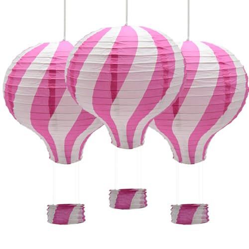 Ruidee 3 Pezzi Lanterna di Carta Mongolfiera 12 inch Lanterna da appendere Stripe set per Festa, Party, Casa, Matrimonio (Pink)