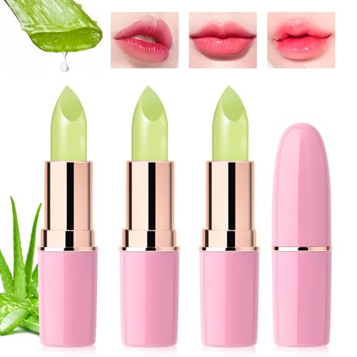 Desing Wish 3 Piezas Pintalabios Magico Aloe Vera Labial Cambia Color PH Labiales Barra de Labios Permanente Bálsamo Labial Hidratante Lip Tint Gloss Brillo Labios Lapiz Kit Maquillaje Mujeres Regalo