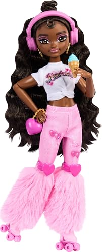 Barbie Dream Besties Barbie 'Brooklyn' Muñeca y accesorios, Muñeca de moda patinadora articulada con pelo castaño oscuro y 9 piezas temáticas de música y vídeo, JFX97