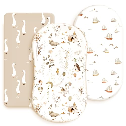 Image of GRSSDER Stretchy Ultra Soft Fitted Bassinet Sheets 3 Pack, Universal Fitted for Oval Rectangle Bassinet Mattresses Safe and Snug, Stylish Bassinet Sheet Gender-Neutral Print for Baby