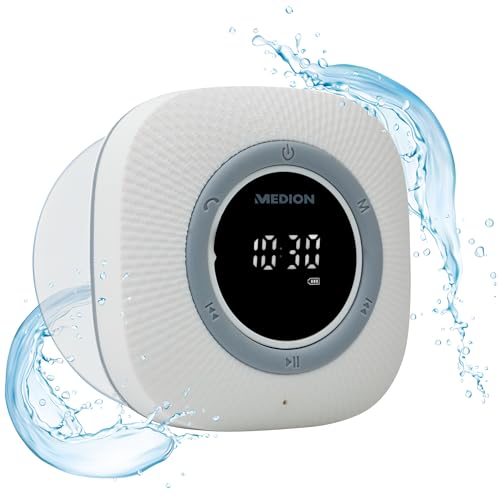 MEDION P66096 Duschradio mit Bluetooth (Badradio, UKW Radio, Saugnapf, LED-Display, IPX6 Wasserdicht, integrierter Akku) weiß