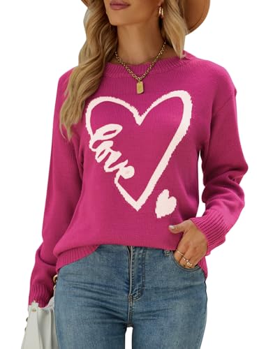 Drvitor Womens Long Sleeve Crewneck Pullover Sweaters Cute Heart and Lover Letter Casual Sweater (Red-1, Medium)