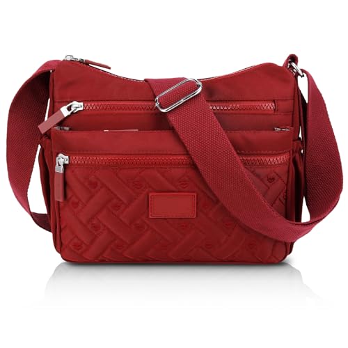 Rkrouco Crossbody Bag for Womens Multi-Pocket Shoulder Handbags Nylon Waterproof Messenger Bag Lightweight Casual Purse Handbag Women Travel (Burgundy)