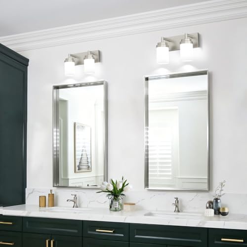 Image of Bathroom Light Fixtures, Brushed Nickel Bathroom Lighting Fixtures Over Mirror, Modern Vanity Light with White Glass Shade, Restroom Lighting Fixtures, 2-Light 13-inch