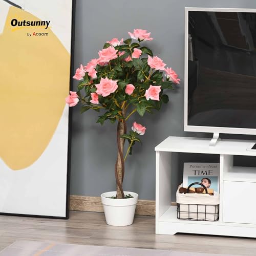 Outsunny 90cm/3FT Artificial Rose Tree, Fake Decorative Plant with Pot, Indoor Outdoor Faux Decoration Home Office Decor, Pink - 2
