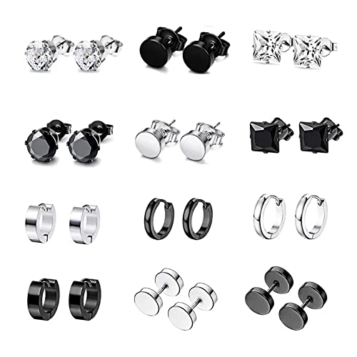 10-12 Pairs Earrings for Men Women, Stainless Steel Black Stud Earrings Set for Boys Girls Gift with Box2