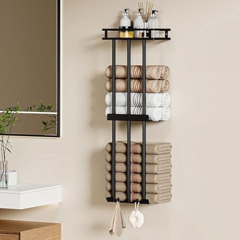 Clothink Towel Racks for Bathroom, Black Wall Mounted Towel Holder with Hooks for Storage Bath Towels/Towel Hanger/Blankets, 3 Tier Towel Shelf Organizer for Small Bathroom,Toilet and RV Cover