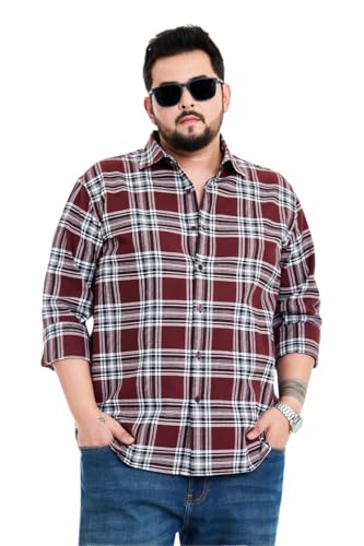 Image of SNITCH Men Casual Plus Size Shirt | Regular Fit Long Sleeve Spread Collar Plaid Pattern | 100% Cotton & Breathable Dobby Fabric for Casual Office Wear & Stylish Everyday Use