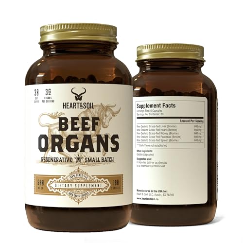 HEART & SOIL – 100% Grass Fed & Finished Beef Organs from Regenerative Cattle with Liver, Heart, Kidney, Pancreas & Spleen – 3000mg Beef Organ Supplement for Women & Men – Glass Bottle – 180 Capsules
