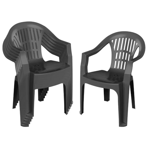 Harbour Housewares Milas Garden Dining Chairs Pack of 6 - Anthracite Stackable Outdoor Chairs Polypropylene Weatherproof Seating Slatted Back Armrests Patio Balcony Garden Furniture