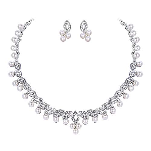 EVER FAITH Bridal Flower Leaf Cream Simulated Pearl Austrian Crystal Clear Jewelry Set