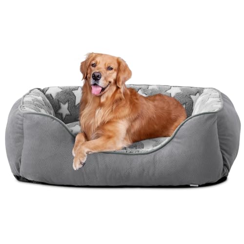 FURTIME Cuccia per cani di taglia grande, lavabile, antiscivolo, soffice materasso per cani con bordi rialzati, morbido divano per cani e gatti XL (89 x 63 x 23 cm), grigio/stelle