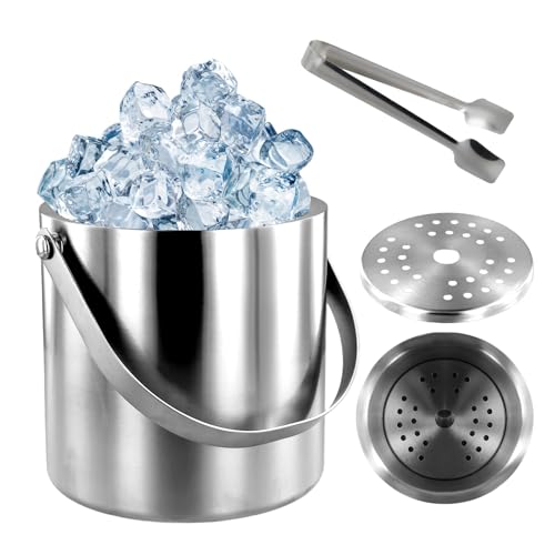 Seau à glace isotherme en acier inoxydable de 3 L avec couvercle en silicone et pince pour fêtes