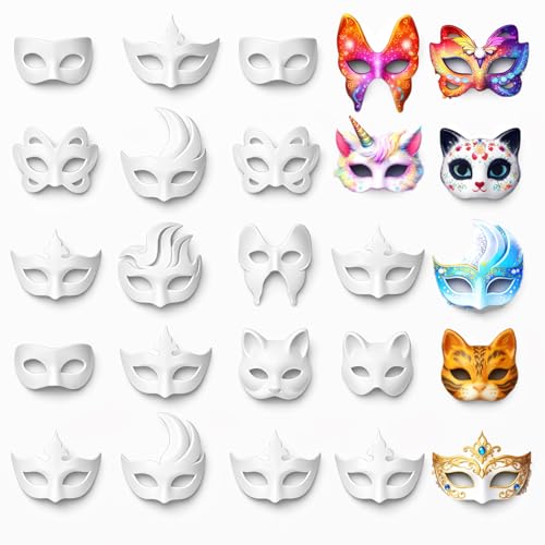 UreverFins 42 Pcs Blank Paper Mache Masks White DIY Masquerade Masks Craft Half Face Masks for Mardi Gras Couple Cosplay & Costume Parties Art Projects & Home Decor School Activities 7 Styles