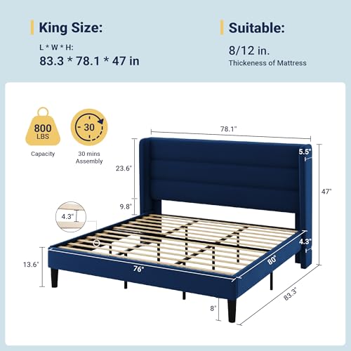 Image of Allewie King Size Platform Bed Frame with Velvet Upholstered Wingback Headboard, No Box Spring Needed, Under Bed Storage Space, Wooden Slats, Modern Mattress Foundation, Easy Assembly, Blue