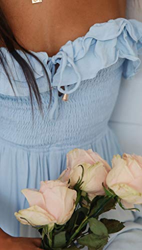 Saukole Women's Summer Sleeveless Strapless Ruffle Off The Shoulder Smocked Swing Cocktail Party Dress Blue #TOP3