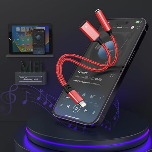 MTAKYA Adaptador Lightning a conector de auriculares de 3,5 mm para iPhone y cargador, divisor de auriculares, soporte de música+carga y HiFi+micrófono+control para iPhone, rojo (no puede llamar)