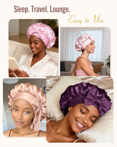 Image of BONNET QUEEN Silk Bonnet for Sleeping Women Satin Bonnet Night Sleep Cap Wrap for Curly Hair with Adjustable Tie Band, Single Layer, Prune