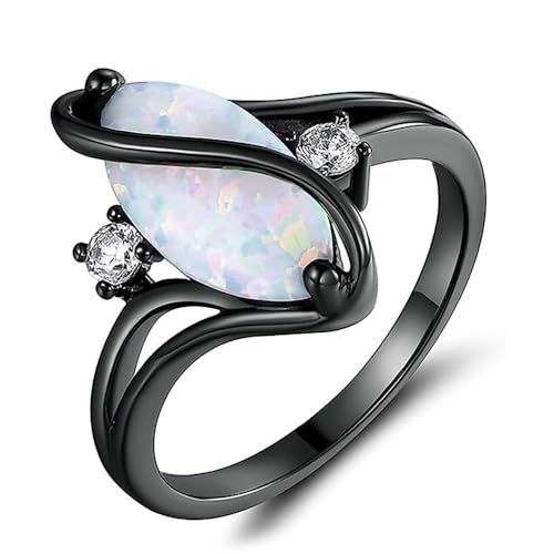 Charming Black Ring Female Engagement Jewelry with White Simulated Opal
