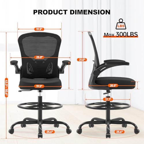 Image of Synorla Ergonomic Drafting Chair, Tall Office Chair with Flip-up Armrests, Breathable Mesh High Desk Chair with Lumbar Support Adjustable Footrest Ring for Standing Desk Black