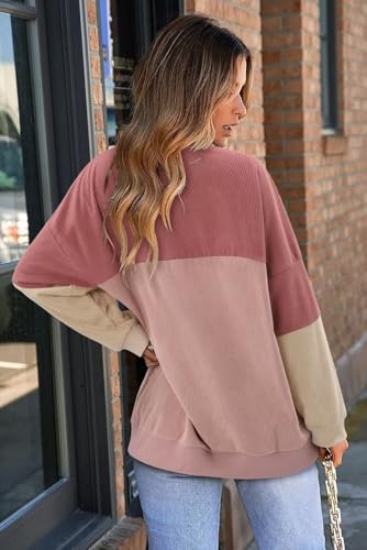 KISSMODA Women's Casual Long Sleeve Sweatshirt Color Block/Solid Crewneck Corduroy Pullover Cute Tops