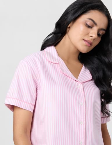Image of Symbol Premium Women's Cotton Night Suit Set | Short Sleeve Shirt & Pajama Set | Stripes with Contrast Piping | Regular Fit (Available in Plus Sizes)