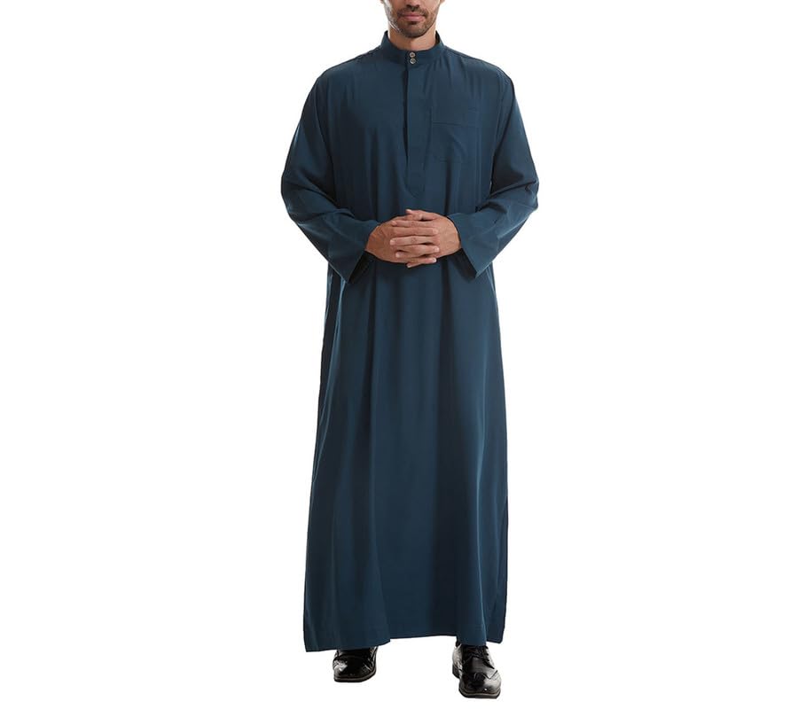 Men's Middle East Dubai Thobe Mens Muslim Long Sleeve Solid Kaftan Robe Saudi Arab Thobe