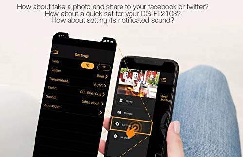 Smartphone app settings screen for unit, profile, temperature, timer, and sound