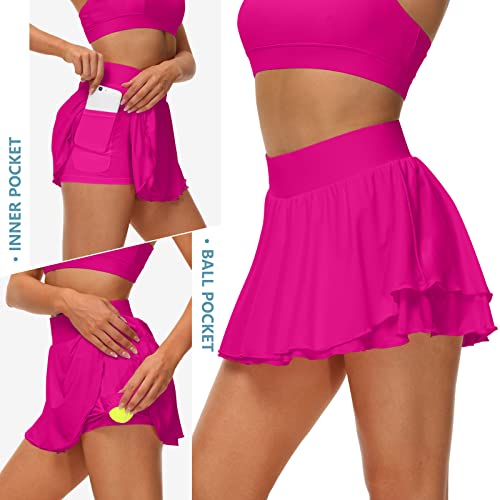 Image of UrKeuf Women's Athletic Tennis Skirts with Pockets 13in Ruffle Golf Running Workout Ice Silk Flowy Skorts with Sports Shorts