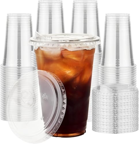 KAHEIGN 50 Pièces Gobelets en Plastique Transparent avec Couvercles, 480ml Gobelet à Café en Plastique Réutilisable Verres Élégants pour Glacé Café...