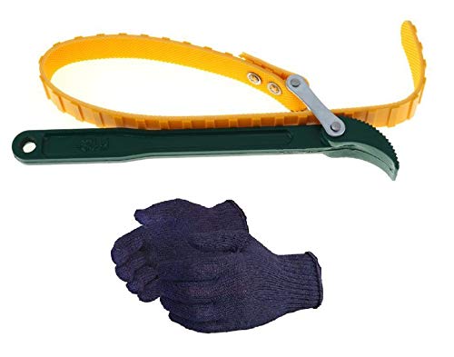 Image of Inditrust 12inch Oil Filter Wrench Belt (Yellow, 300mm Single Sided Adjustable Wrench) with GLOVES