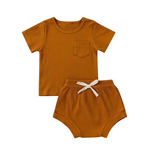 Toddler Baby Boy Girl Outfit Solid Pocket Ribbed Top T-Shirt and Shorts Summer Clothes Set (Brown, 18-24 Months)