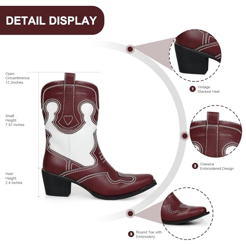 Western Woman Cowgirl Boots with Chunky Heel Pointed Toe Cowboy Boots White Patchwork Trendy Cowboy Stitched Pointe Toe Mid Shaft Boots4