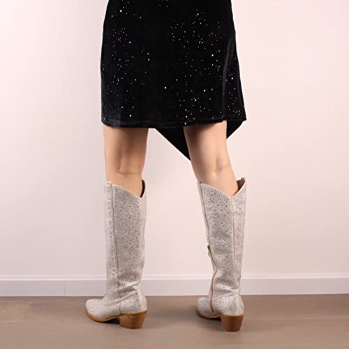 Cierws Women's Rhinestone Boots Knee High Cowgirl Boots Medium Heel Chunky Heel Fashion Retro Classic Boot #TOP4
