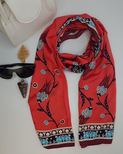 MutluHan Turkish Scarf - 100% Silk Tulip Design | Coral Red | Luxurious and Comfortable Women’s Scarf, Perfect for Gifts and Special Occasions, Suitable for Daily, Evening and Office Wear4