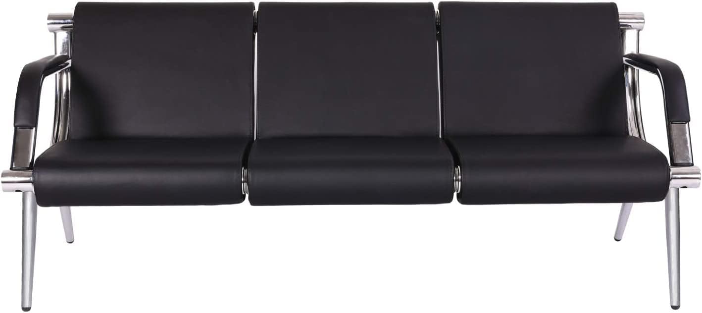 Waiting Room Reception Chairs - PU Leather Airport Reception Chairs with Arms, Office Guest Chairs for Bank, Hospital, Market (3-Seat, Black)