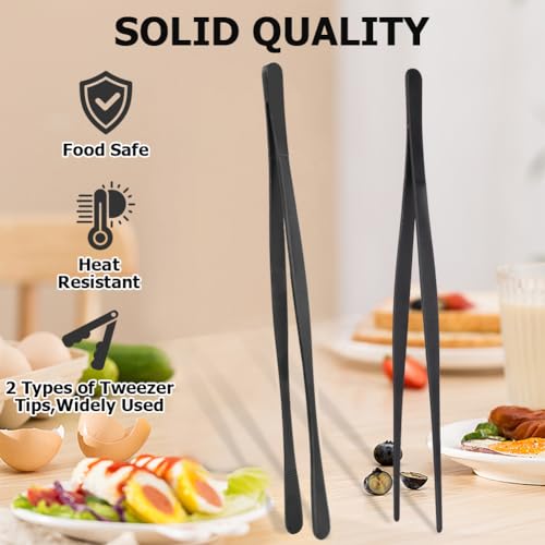 HOTUT Cooking Tweezers Tongs Precision Serrated Tips,2pcs 30cm Kitchen Cooking Tweezers Culinary,Stainless Steel Long Tweezer Tongs,Straight Tweezers Kitchen Tool for BBQ,Plating and Serving (Black) - Image 4