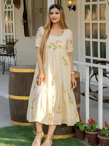 Image of Floral Print Empire Waist Midi Pure Cotton Dress, Short Sleeve, Cream White with Yellow Accents