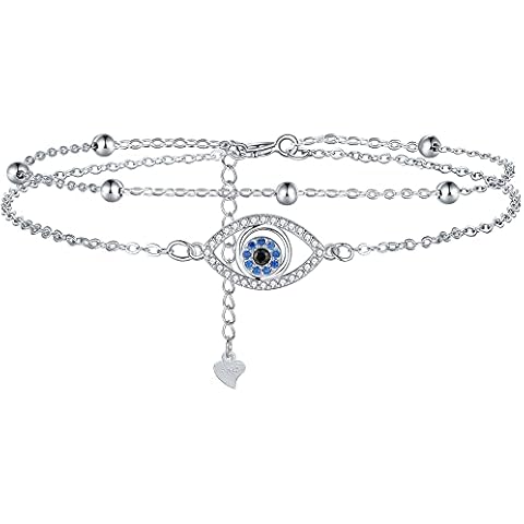 Lydreewam Blue Evil Eye Nazar Bracelet for Women 925 Sterling Silver Double Chain Protection Bracelet with Zirconia Valentine's Day Birthday Gift, Adjustable 17+4cm Cover