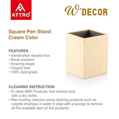 Image of Attro Pen Stand Wooden Designer Square Pen Holder Multipurpose Wooden Desk Organizer Perfect for Study Table, Office Desk- Cream