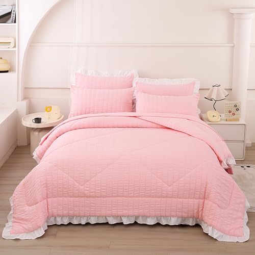 Mengersi Seersucker Comforter Set,Boho Chic Ruffled Comforter Set,Washed Microfiber Lightweight Bedding Set for All Seasons (Pink, Queen)