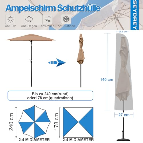 Seydrey Sonnenschirm Schutzhülle Ampelschirm Schutzhülle für 2m-4m,Abdeckung 420D Schutzhülle Sonnenschirm hülle mit Stab für Ø 200 cm Ø 300cm Ø400 cm (140 * 27/25.5)