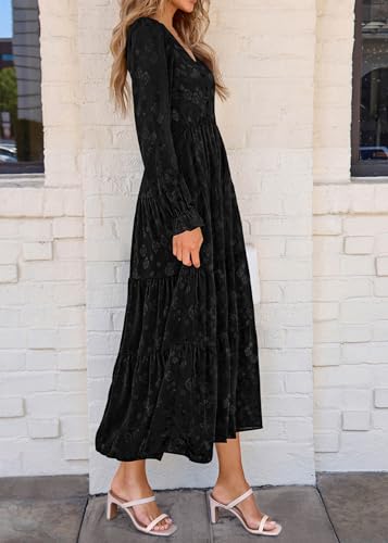 Image of KIRUNDO Spring Wedding Guest Dresses for Women 2026 Maxi Floral Long Sleeve Elegant Ruffle Tiered Flowy Party Long Dress