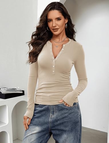 Image of Prettywear Long Sleeve Henley Shirts for Women Fall Basic Tee Tops