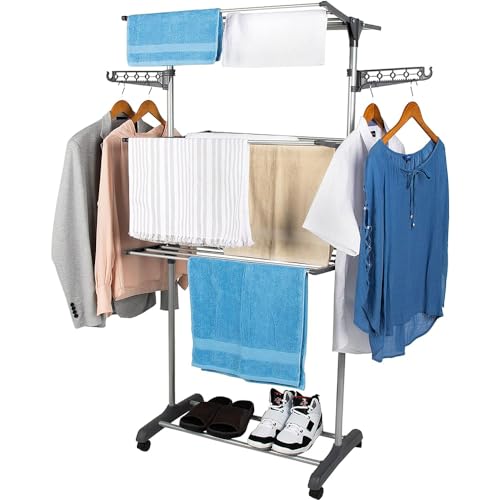 Recopilación de Tendedero Plegable que puedes comprar esta semana. 43 AKASENKO Tendedero Plegable de 3 Niveles,Tendedero de Ropa Plegable Vertical,Soportes Tendederos, Percha móvil con alas Plegables y Ruedas,Tendedero Retráctil,Portátil. (Gris)