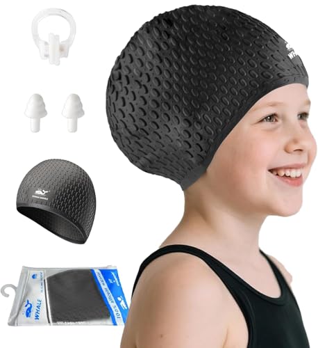 Kids Swim Cap, Silicone Durable Waterproof Swimming Cap for 6-18 YearsDesigned for Children with Long Hair, Afro, Weaves, Extensions, plaits, Curls and bangsKeep Your Hair Dry