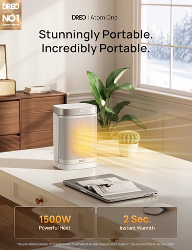 Image of DREO Atom One Space Heater with Remote, 70Oscillating Electric Heaters with Digital Thermostat, 1500W PTC Ceramic Heater, 12h Timer, Quiet Safety Heating, Portable Heater for Home Office