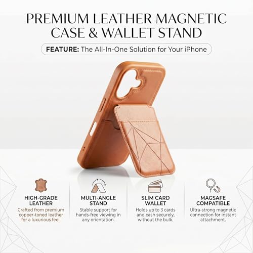 Image of amazon basics Premium Vegan Leather Back Cover with Card Holder and Integrated Mobile Stand for iPhone 17 - Slim Shockproof Wallet Case with Geometric Stitching [Tan]
